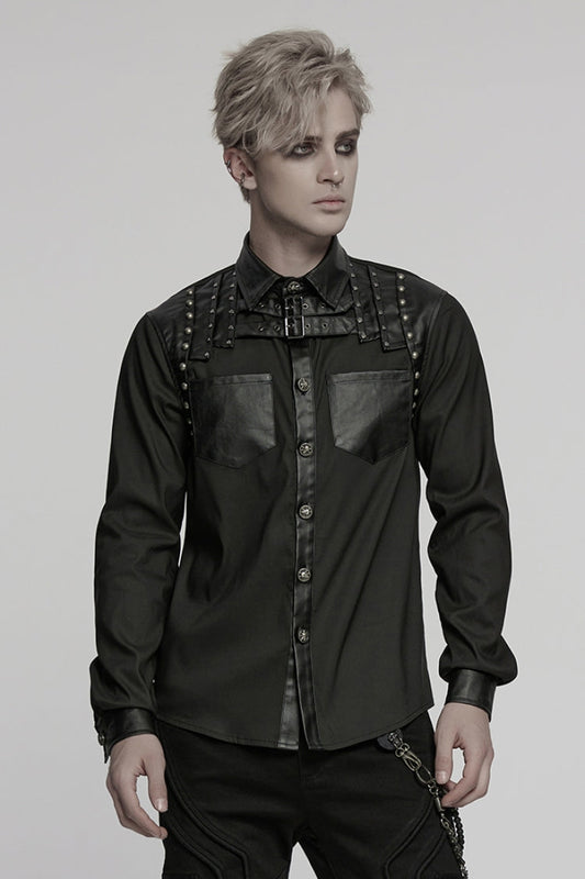 Black Lapel Collar Long Sleeves Faux Leather Stitching Buckle Punk Blouse