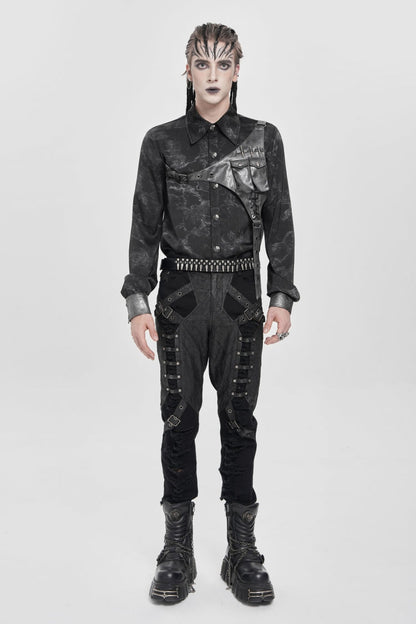 Black Long Sleeves Print Stitching Asymmetric Bullet Punk Blouse