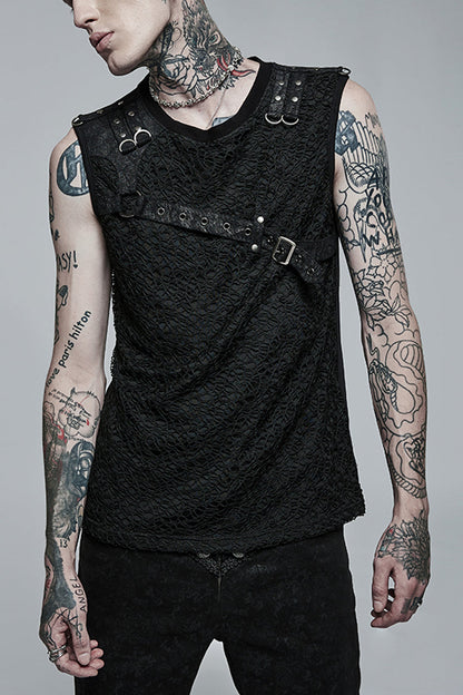 Black Sleeveless Stitching Mesh Buckle Steampunk Vest