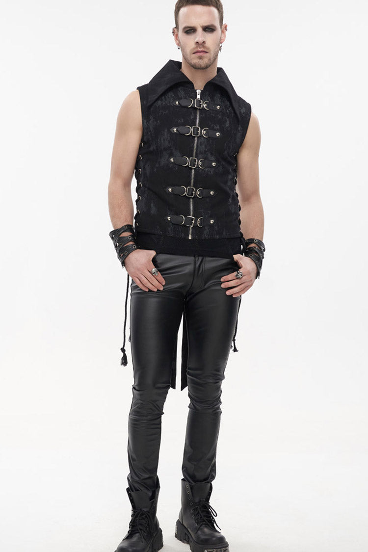 Black Punk Irregular Print D-shaped Buckle Decoration Waist Side Slits Tied Rope Tight Zipper Dovetail Vest
