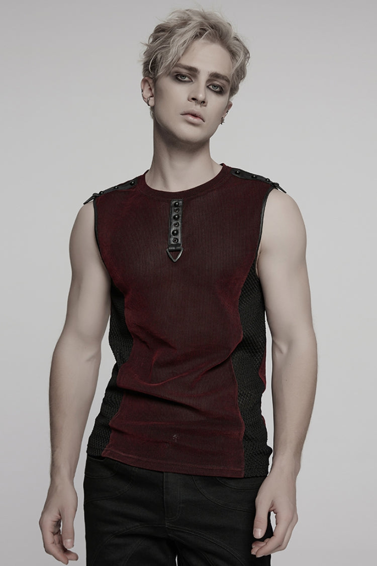 Black/red Round Collar Sheer Mesh Color Matching Rivet Punk Vest