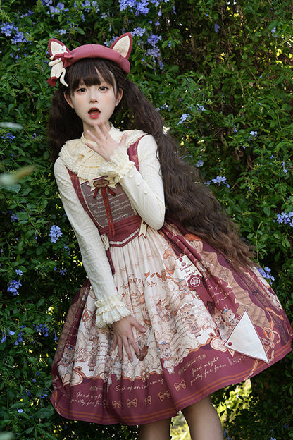 Wine Red [fox Band] Print Square Collar Bowknot Classic Lolita Jumper Dress