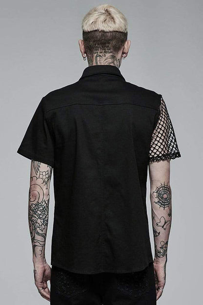 Black Punk Elastic Cotton Twill Fabric Spliced Diamond Mesh Asymmetrical Personality Short Sleeve Shirt