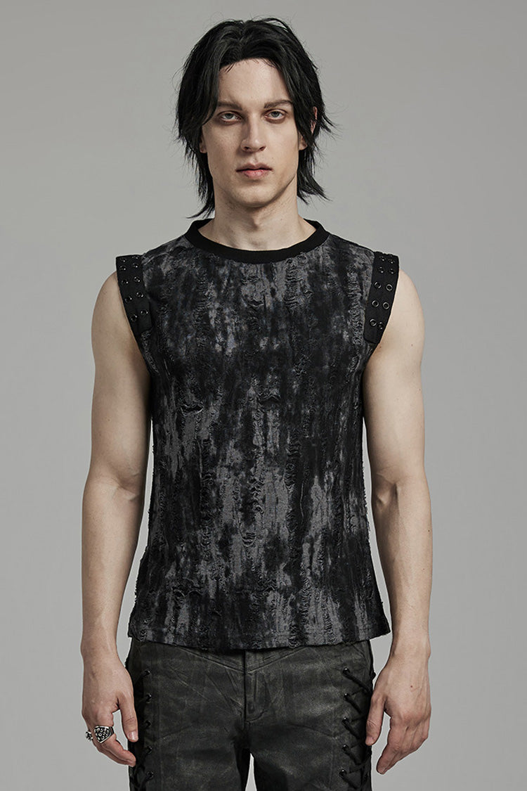 Black/grey Round Collar Sleeveless Print Ripped Distressed Eyelet Gothic Tank Top