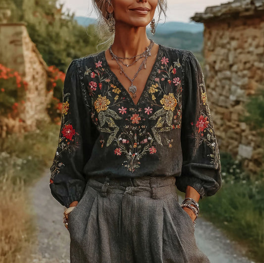 Women's Floral Pattern Linen V-neck T-shirt elevenforest