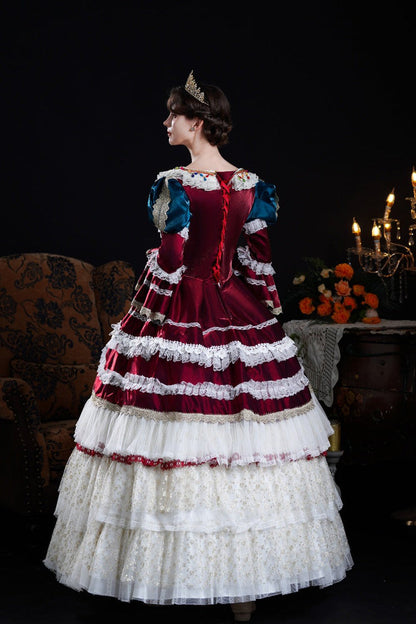Wine/ivory Round Collar Long Hime Sleeves Triple-layered Ruffled Open-front Bow Lace Classic Palace Lolita Victorian Dress