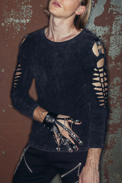 Black Punk Rock Broken Holes Long Sleeves Skull Nail Knitted T-shirt