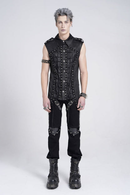 Black Sleeveless Studded Lace-up Gothic Blouse