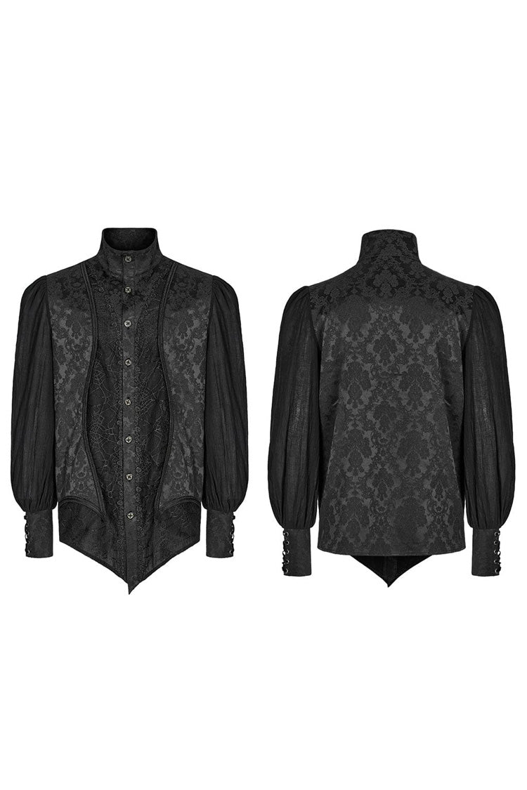 Black Stand Collar Long Puff Sleeves Jacquard Print Lace Gothic Blouse