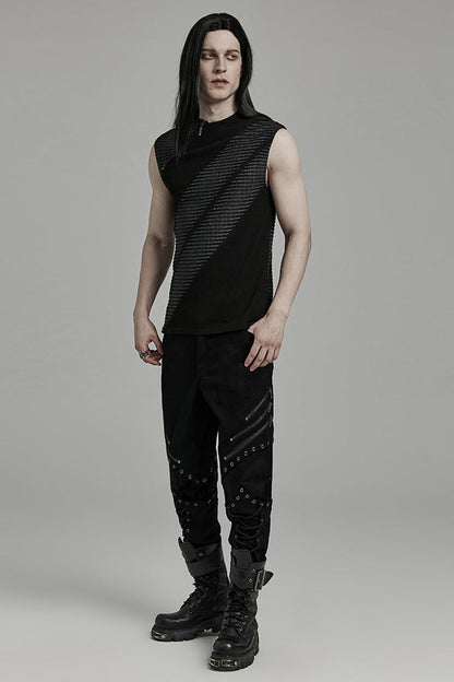 Black Sleeveless Print Asymmetric Zipper Punk Tank Top