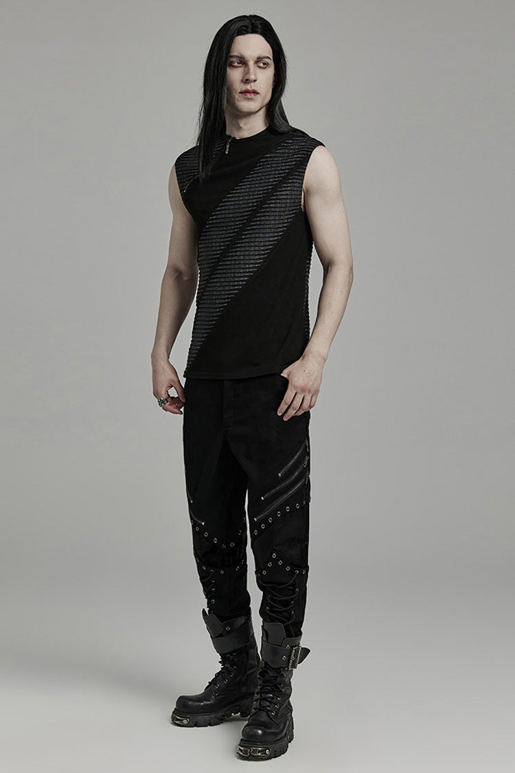 Black Sleeveless Print Asymmetric Zipper Punk Tank Top