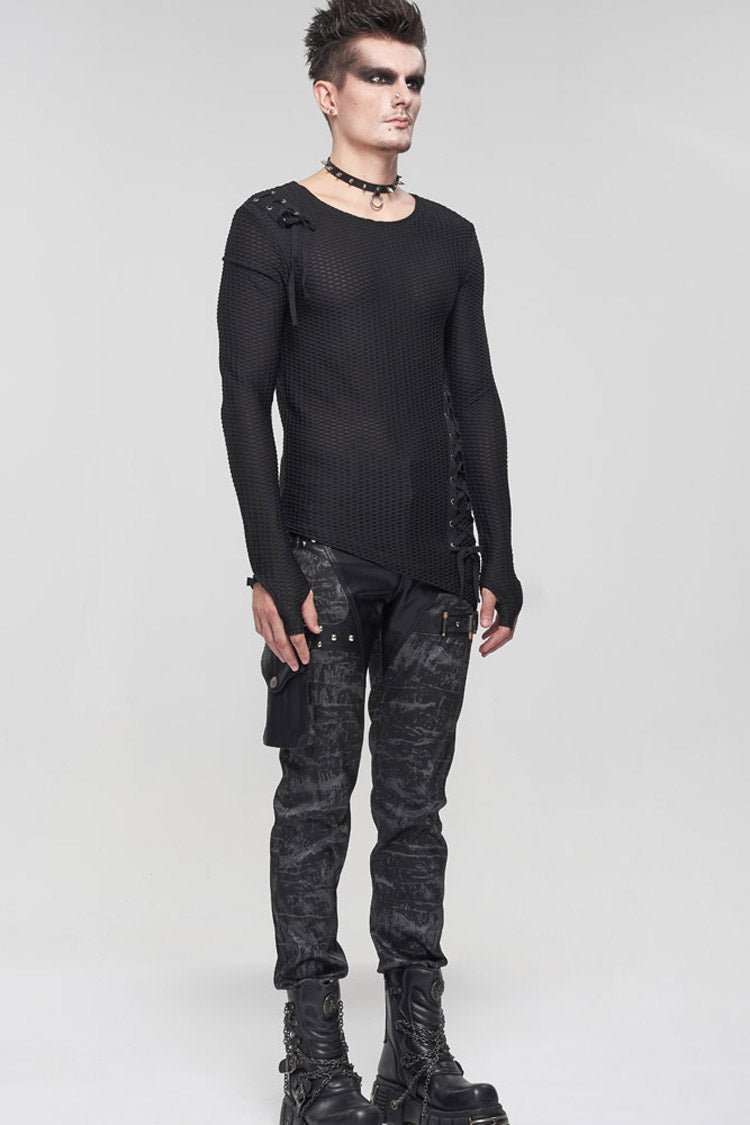 Black Gothic Asymmetry Drawstring Decoration Coarse Net Shirt