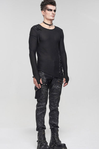 Black Gothic Asymmetry Drawstring Decoration Coarse Net Shirt