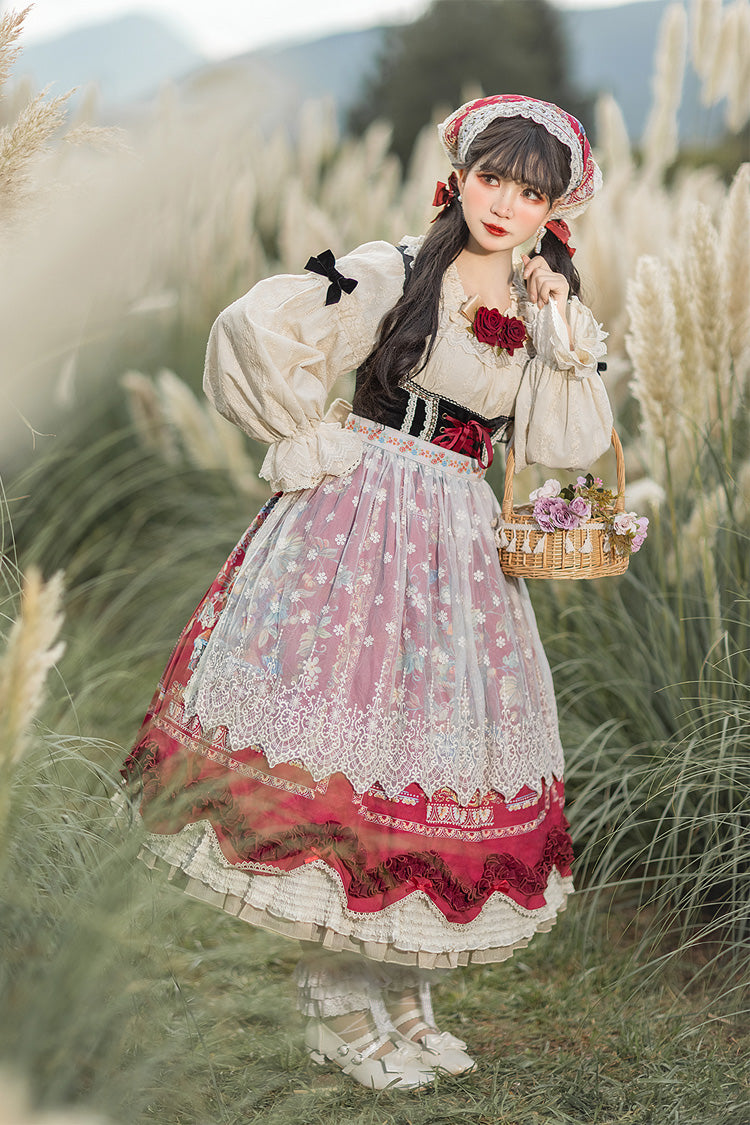 Wine Red [ode to Plenty] Berries and Birds Print Ruffle Bowknot Velvet Classic Lolita Breast Support Jsk Dress