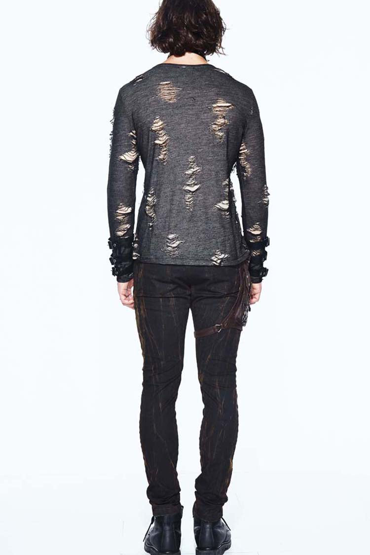 Black Long Sleeves Broken Holes Chest Lace Up Loop Cuff Punk Shirt