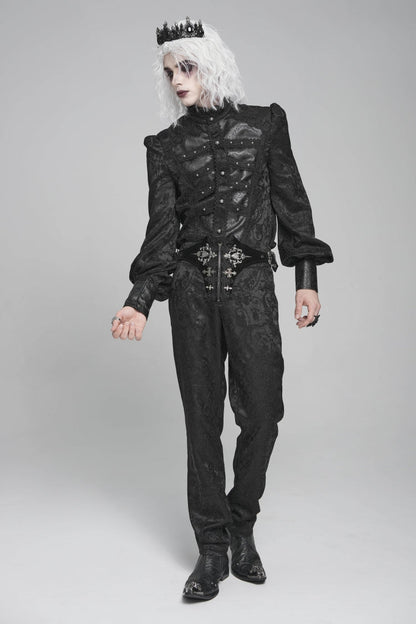 Black Stand Collar Long Lantern Sleeves Print Embroidery Gothic Blouse
