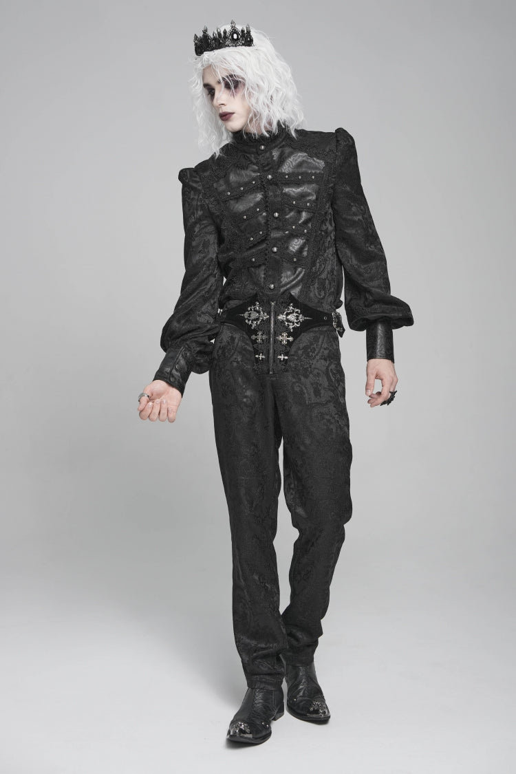 Black Stand Collar Long Lantern Sleeves Print Embroidery Gothic Blouse