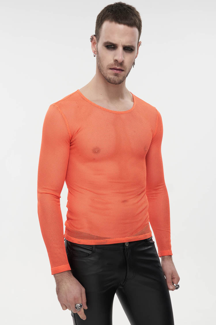 Orange Elasticity High Neck Long Sleeve Mesh Gothic T-shirt