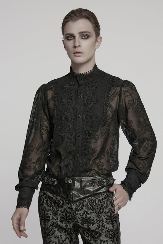 Black Stand Collar Chiffon Long Sleeves Hollow Embroidery Gothic Blouse