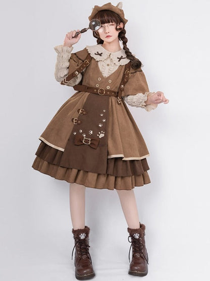 Cat Detective Skirt + Ruffle Blouse + Belt + Ear Hat + Shawl