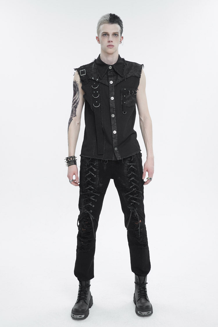 Black Sleeveless Buckle Splice Unedged Punk Vest