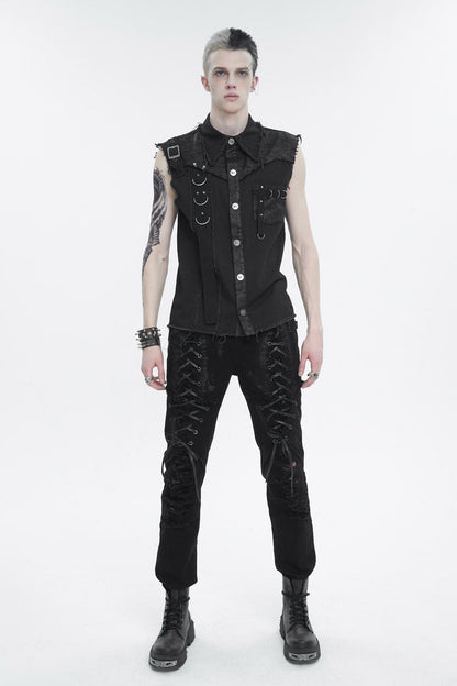 Black Sleeveless Buckle Splice Unedged Punk Vest