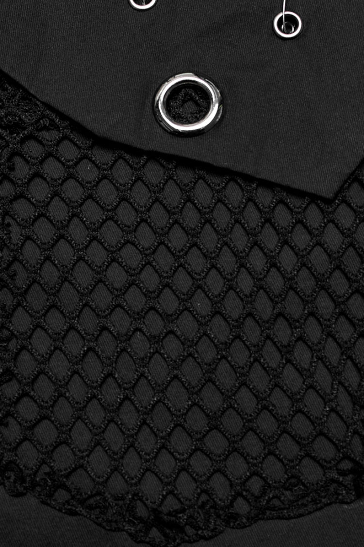 Black Lapel Collar Short Sleeves Mesh Stitching Punk Blouse