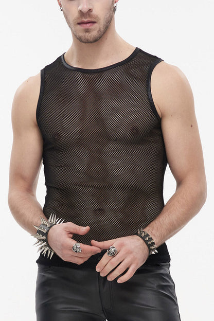 Black Gothic Elasticity Perspective Rhombus Net Yarn Sleeveles T-shirt