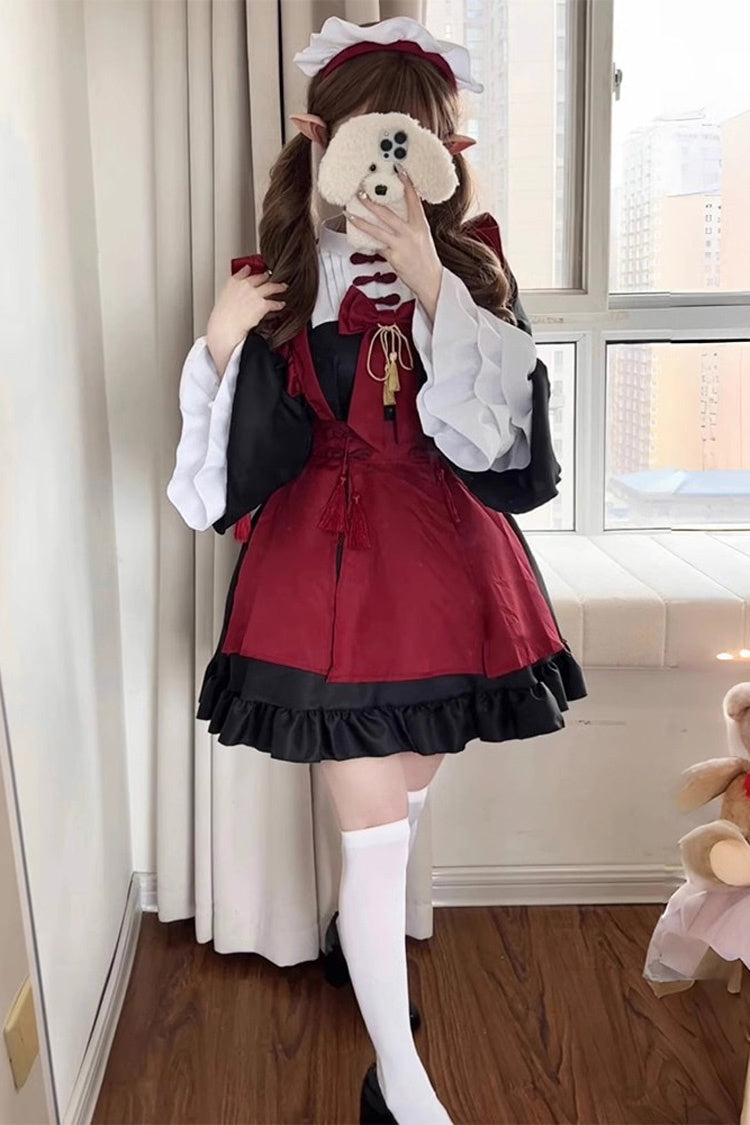 Black/red Maid Long Trumpet Sleeves Ruffle Bowknot Classic Chinese Style Lolita Dress Full Set