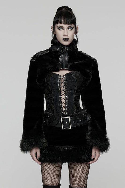 Black Stand Collar Long Sleeves Buckle Straps Faux Fur Punk Short Cloak