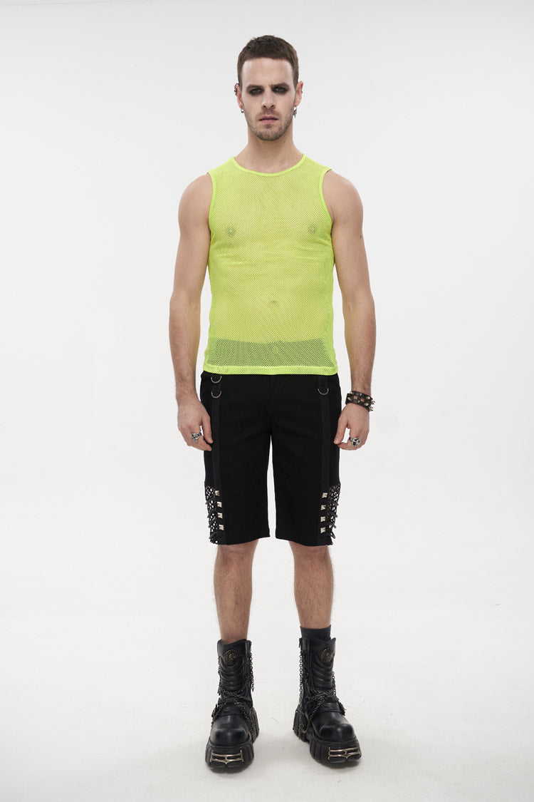 Yellow Elasticity Perspective Rhombus Net Yarn Sleeveless Gothic T-shirt