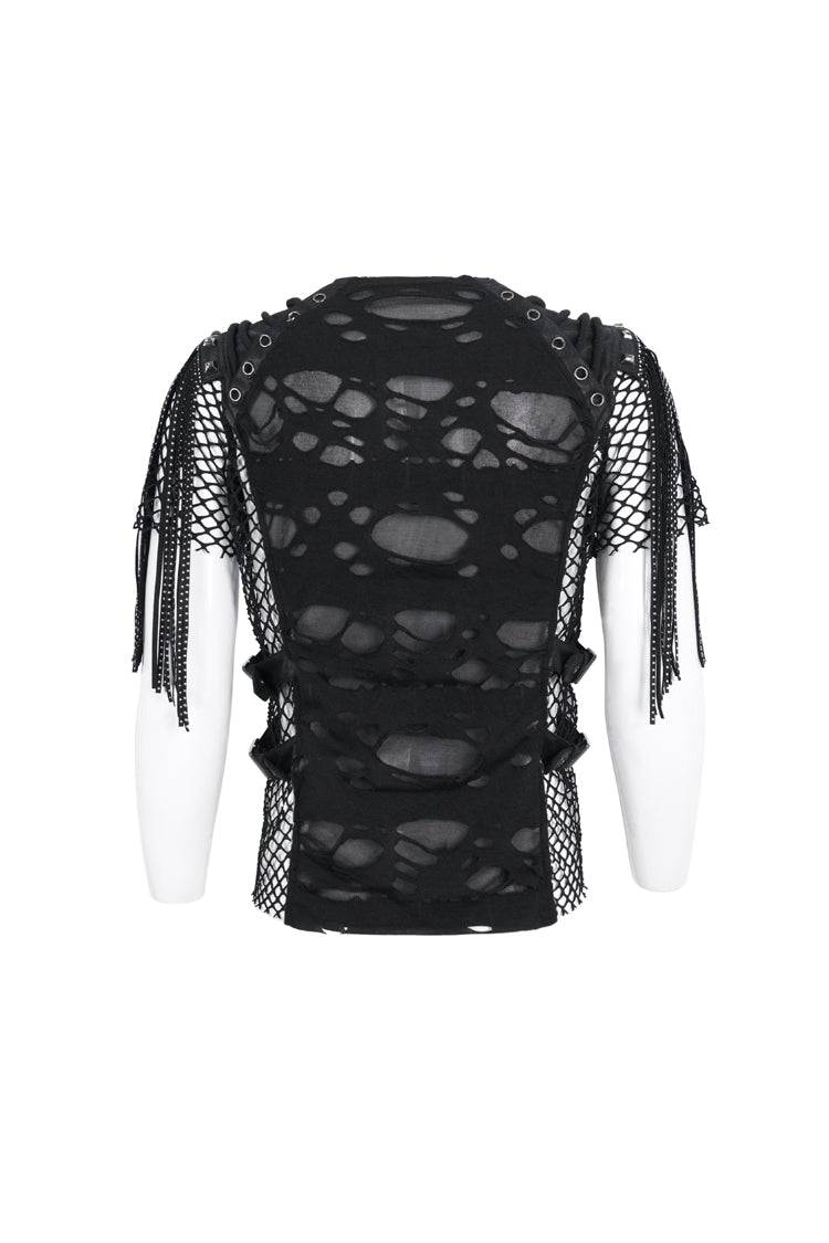 Black Round Collar Mesh Stitching Punk T-shirt