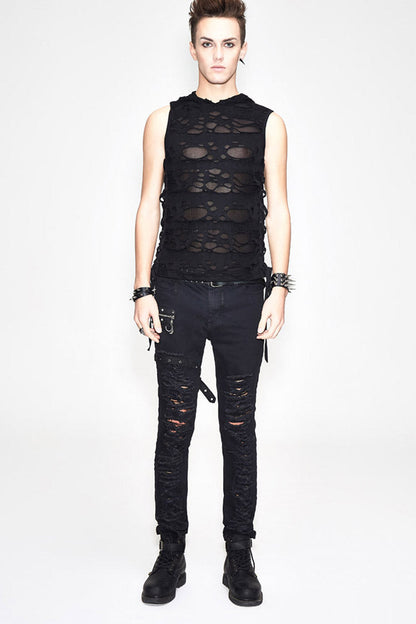 Black Sleeveless Ripped Side Ribbons Lace-up Hooded Punk T-shirt