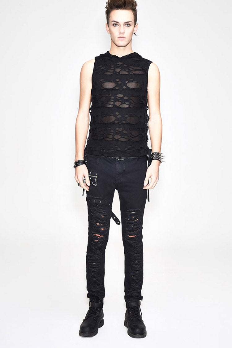 Black Sleeveless Ripped Side Ribbons Lace-up Hooded Punk T-shirt