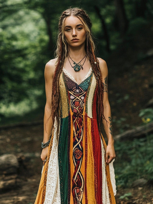 Boho Vintage Totem Women's Linen Halter Dress elevenforest