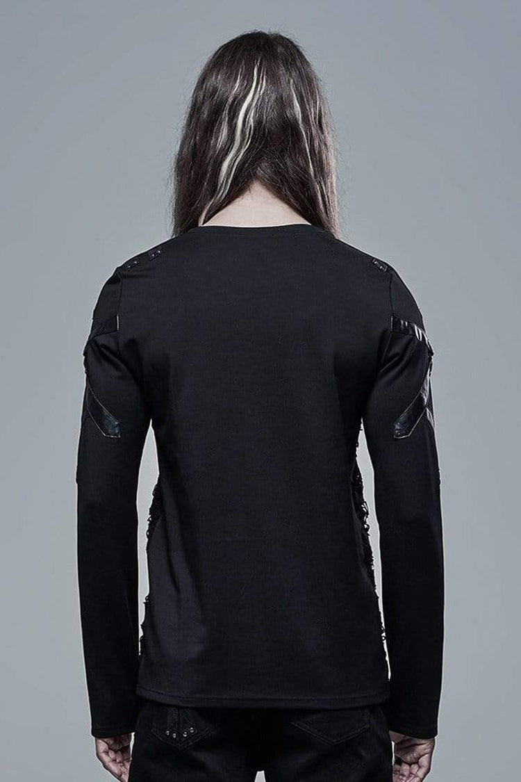 Black Long Sleeve Leather Strap Decoration Broken Holes Knit Punk T-shirt