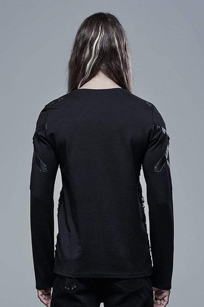 Black Long Sleeve Leather Strap Decoration Broken Holes Knit Punk T-shirt