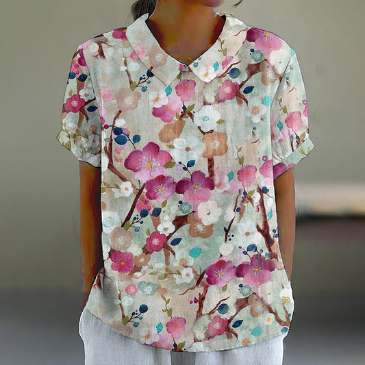 Sakura Print Lapel Casual Blouse elevenforest