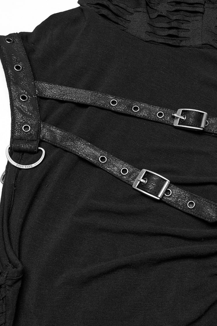 Black Sleeveless Hooded Ripped Ruched Punk Vest