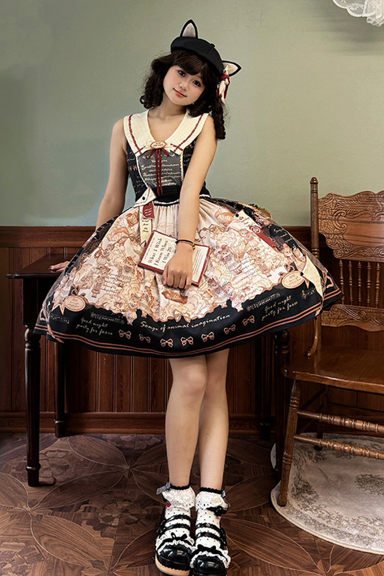 Black [fox Band] Print Square Collar Bowknot Classic Lolita Jumper Dress