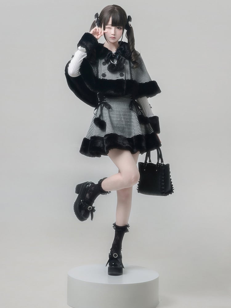 [reservation Deadline February 7th] Retro Check Black Fur Cape + Skirt + Inner Top