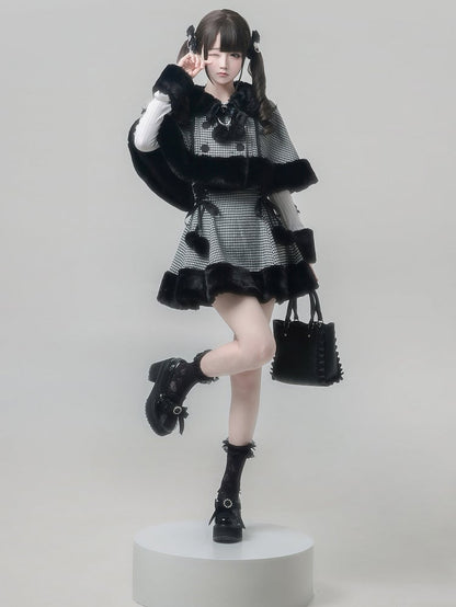 [reservation Deadline February 7th] Retro Check Black Fur Cape + Skirt + Inner Top
