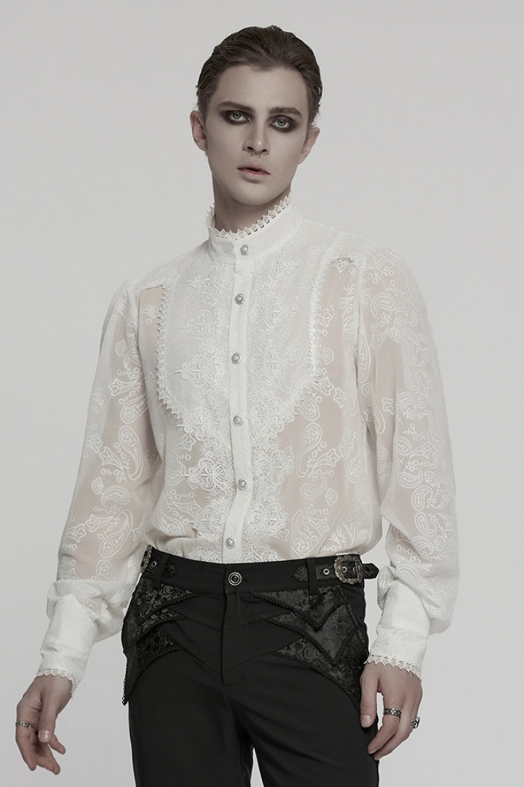 White Stand Collar Chiffon Long Sleeves Hollow Embroidery Gothic Blouse