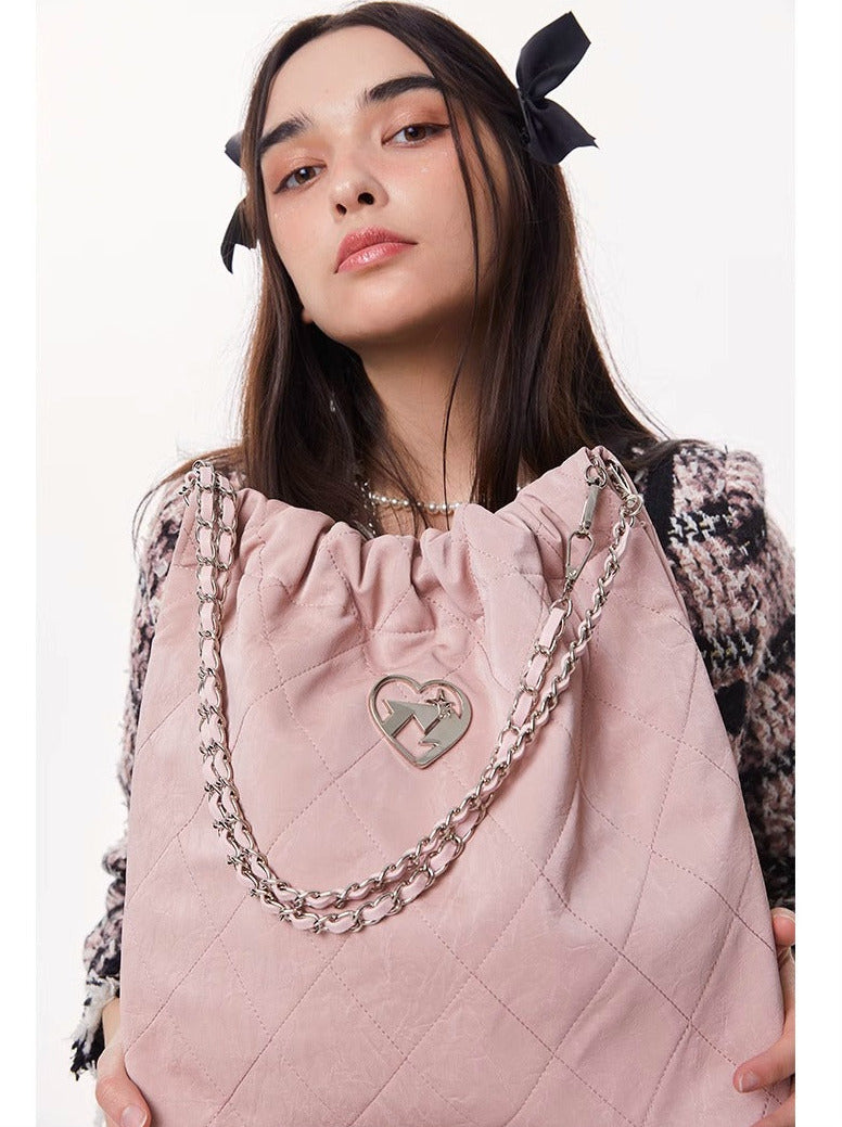 Cool Metal Diamond Quilted Leather Chain Tote Bag