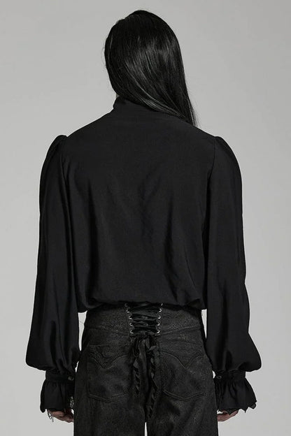 Black Stand Collar Ruffle Webbing Embellishment Gothic Blouse