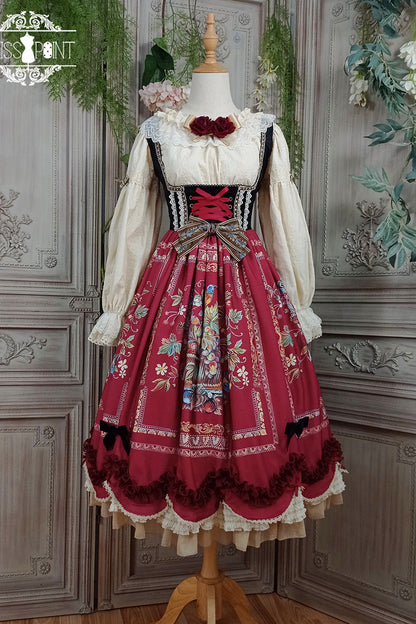 Wine Red [ode to Plenty] Berries and Birds Print Ruffle Bowknot Velvet Classic Lolita Breast Support Jsk Dress