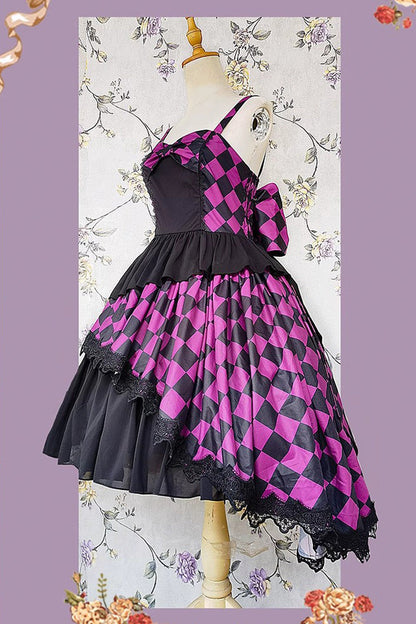 Multi-color Triple-layered Print Bowknot Lace Asymmetric Classic Lolita Dress 5 Colors