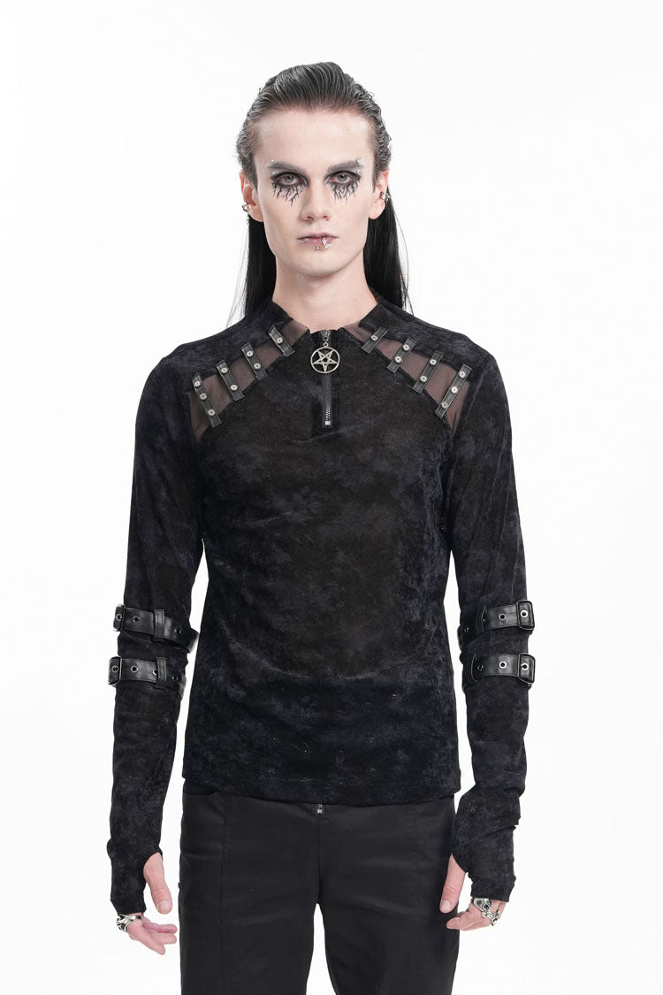 Black Round Collar Long Sleeves Buckle Star Studs Gothic T-shirt