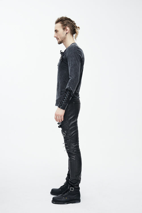 Black Faded Long Sleeves Lace Up Punk T-shirt
