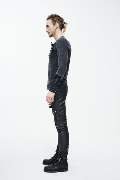 Black Faded Long Sleeves Lace Up Punk T-shirt